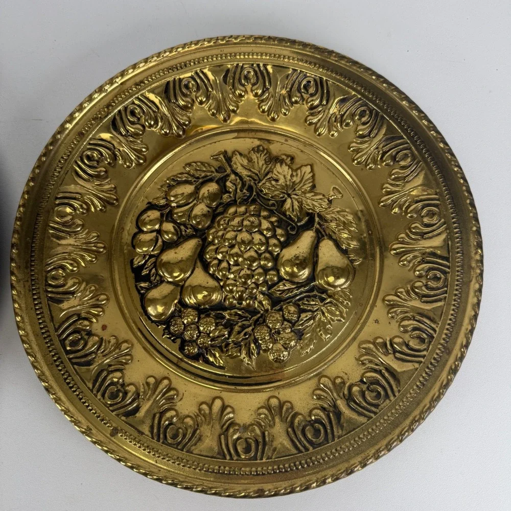 Vintage Brass Fruit Wall Hanging Plates Set of 2 Pineapple Grapes Pears 12 Inch